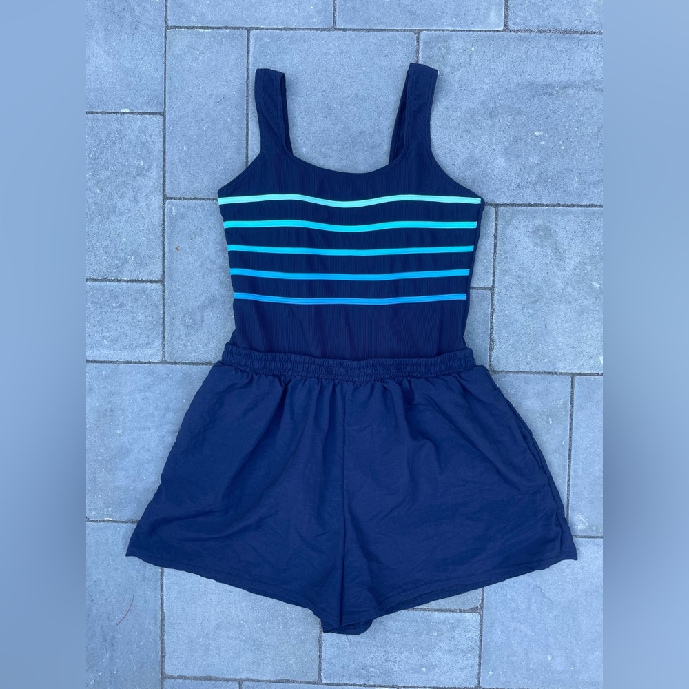 Vintage L.L.Bean blue striped one-piece swimsuit with built-in shorts